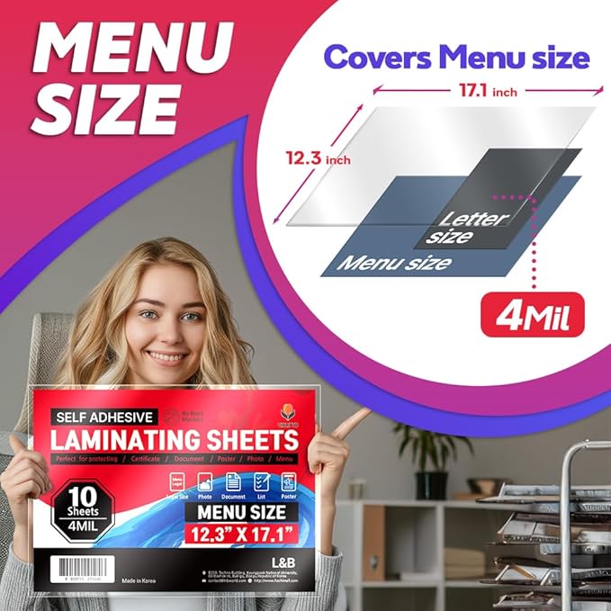 VIOLETTO Self Adhesive Laminating Sheets 12.3x17.1 inch, 20 Pack, 4mil Thickness, No-Machine Needed, QuickPeel, Instashield, Stick&GO (10 Sheets, Menu Size 4mil)