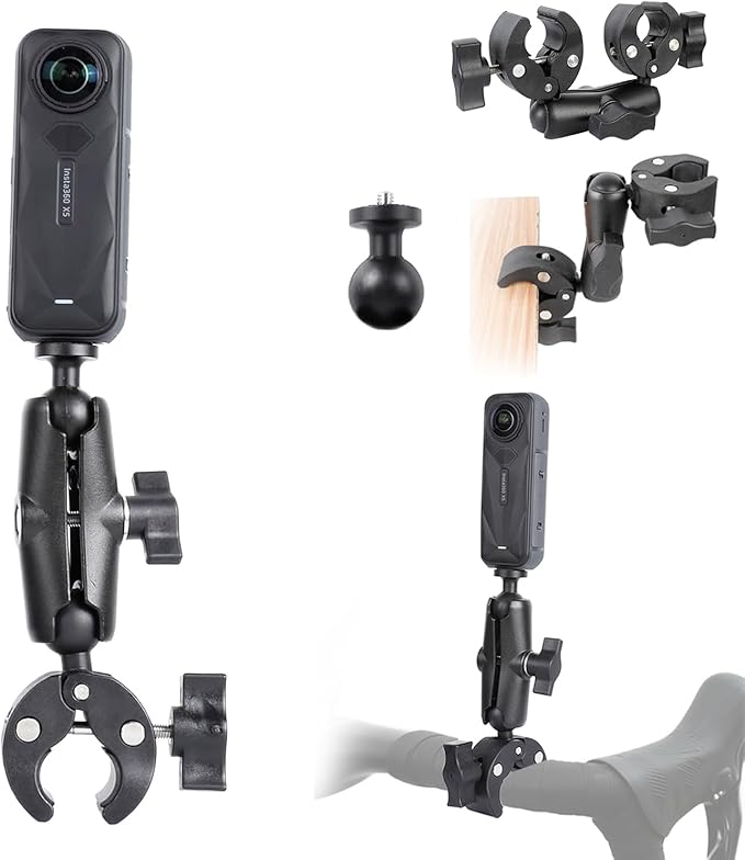 PellKing Camera Motorcycle Mount for Insta360 X5/X4/X3/X2,Double Super Clamp Mount Umbrella clamp Holder for Monitor Bracket Magic Socket Arm with 1/4 Thread for Moto Bike Bicycle Handlebar