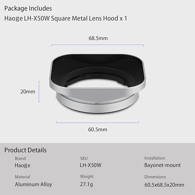 Haoge Bayonet Square Metal Lens Hood for Fujifilm Fuji Fujinon XF 50mm F2 R WR Lens Silver LH-X50W, on XPro3 X-T50 XT5 X-T4 X-T30 X-T3 X-E4 X-A5 X-A20 X-E3 X-H2