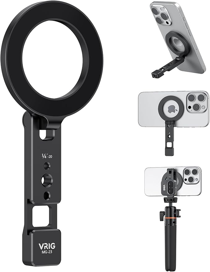 VRIG Magnetic Phone Tripod Mount for iPhone, Foldable Metal Phone Holder with Double 1/4" Screw Holes and Cold Shoe, Compatible Handles Selfie Stick Tripod Fill-Light Microphone, MG-23