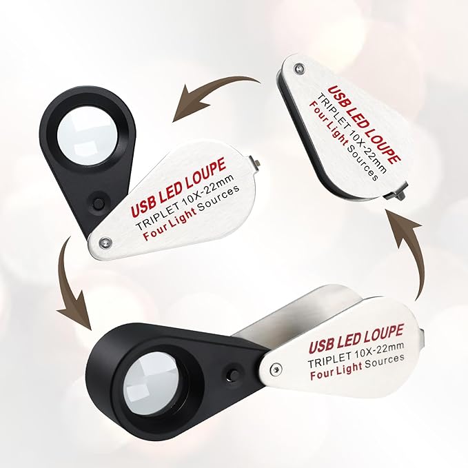 JuviPerpric 10X Jewelers Loupe with UV & LED Lights with Four Light Modes,22mm Portable Pocket Folable Loupe Jewelry Magnifier for Jewelry, Rocks, Coins (Sliver)