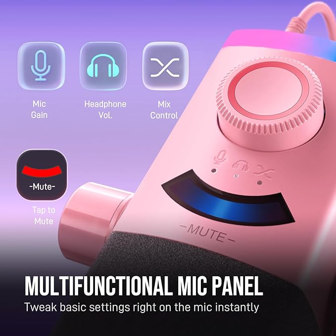 FIFINE XLR/USB Gaming Microphone Kit with Boom Arm Stand, RGB Streaming Mic for Computer Compatible with PC/PS4/PS5, Podcast Mic Set with Headphone Jack, Volume Knob, Mute-AmpliGame AM8PROT Pink