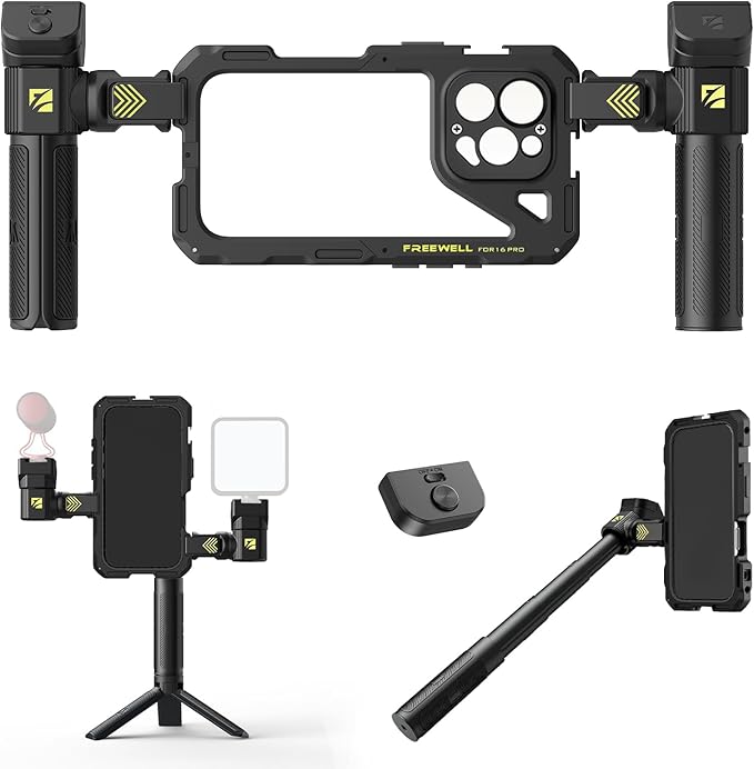 Freewell Genius Rig Cage for iPhone 16 Pro - Tool-Free Setup, Multifunctional Tripod and Monopod Handles, Bluetooth Remote