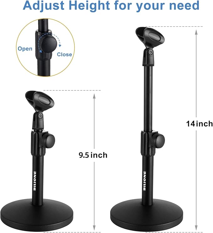 BILIONE Multifunctional Desktop Microphone Stand, Adjustable Mic Stand Desk with Pop Filter, Shock Mount, Microphone Clip, 5/8" to 3/8" Metal Screw Adapter (Pack of 2)