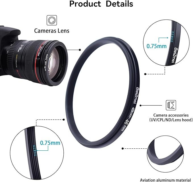 49mm to 46mm Camera Filters Ring,Filters Ring Compatiable All Brands Ø49mm Lens to Ø46mm UV ND CPL Camera Filter Accessory.Made of CNC