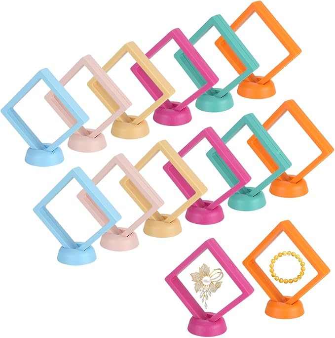 12PCS 3D Floating Frame Case with Stands, Challenge Coin Display Stand Holder, Gift Packing Frame Showcase for Earrings, Jewelry, Medallions, Specimens, 3.54x3.54 Inch (6 Color)