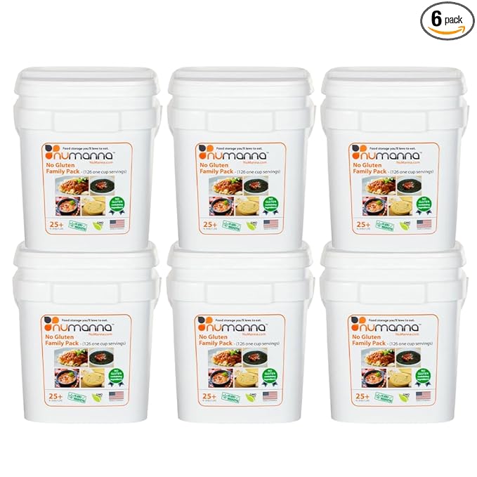 Numanna No-Gluten Family Pack Bucket – 756 Servings | 25-Year Shelf Life | 6-Months Non-Perishable Meal Kit | Emergency Food Supply, Everyday Use, Quick-Prep Survival Meals | Made in USA | Pack of 6