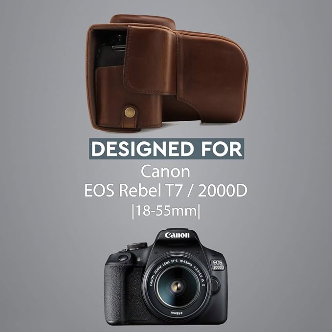 MegaGear MG1608 Ever Ready Leather Camera Case compatible with Canon EOS Rebel T7 (18-55mm), 2000D (18-55mm) - Dark Brown