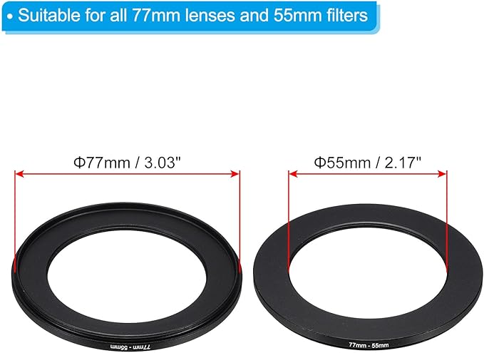 PATIKIL 77mm-55mm Metal Step Down Ring with Cleaning Cloth, 2 Pack Camera Lens Filter Adapter Ring Aluminum Filter Adapter Ring for Camera Lenses Hood, Black