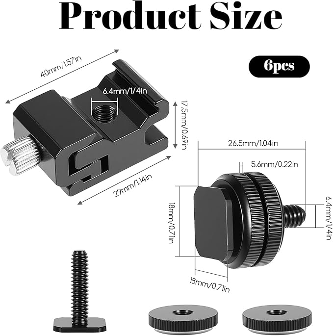 6 Pack 1/4" Cold Shoe Mount Adapter and 1/4" Hot Shoe Mount Adapter, 20 Screw Thread Cold Shoe Flash Stand Adapte for DSLR Camera Rig, Camera Flash Shoe Mounts for Tripod