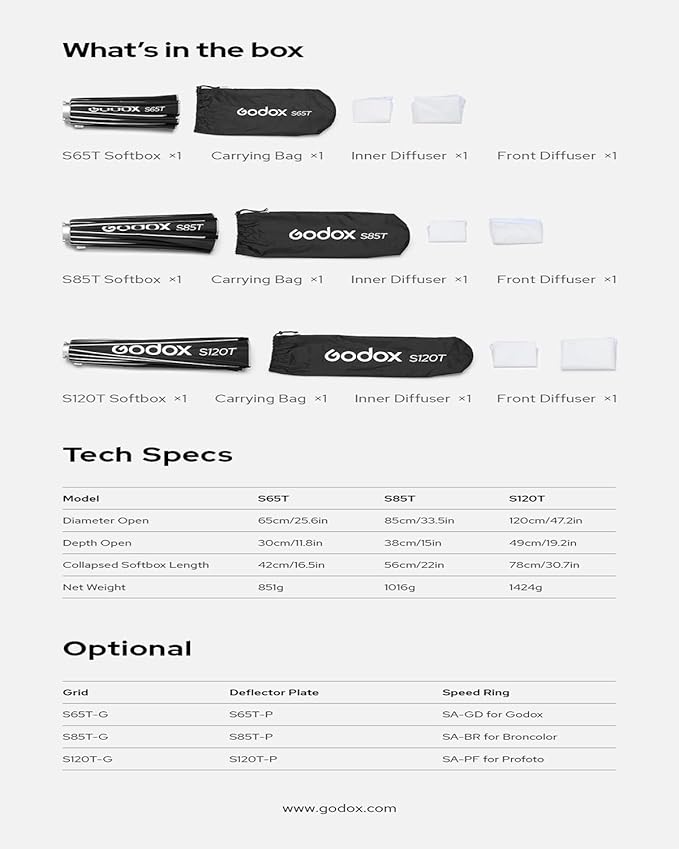 Godox Softbox S120T+Grid Bowens Mount 47.2in/120cm Quick Release Umbrella Softbox with Grid Bowens Mount - Portable Versatile Precise Control - Ideal for Studio Photography Live Streaming and Travel