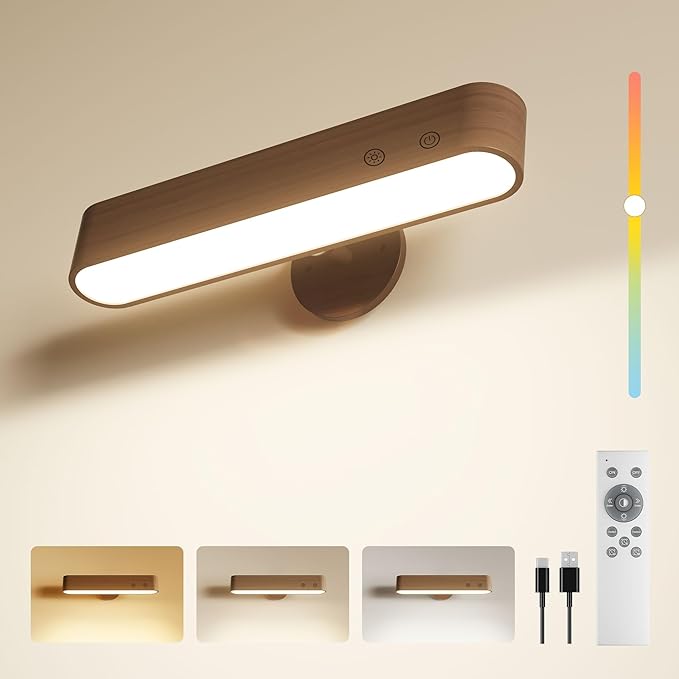 Rechargeable Indoor Wall Sconce Wood, LED Wall Light for Bedroom,Touch and Remote Control,360° Rotate Walnut Wood Wall Light,3 Colors Dimmable Brightness Wall Lamp with 15 RGB Colors,1 Pack