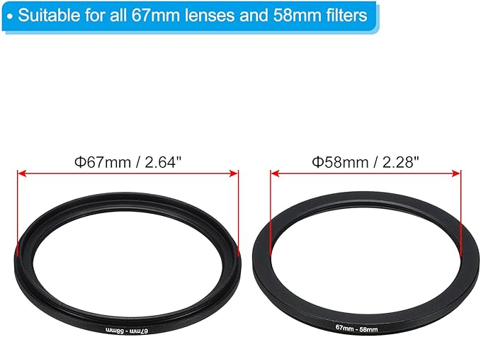 PATIKIL 67mm-58mm Metal Step Down Ring with Cleaning Cloth, 2 Pack Camera Lens Filter Adapter Ring Aluminum Filter Adapter Ring for Camera Lenses Hood, Black