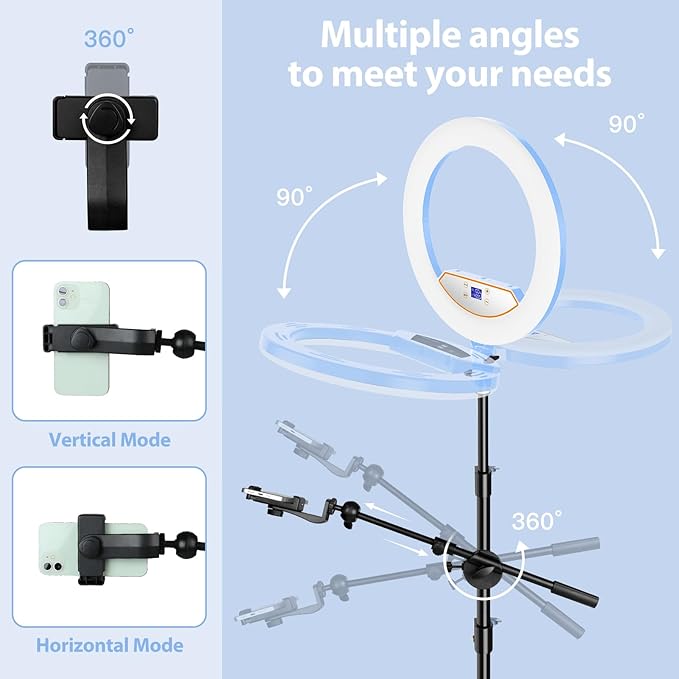 Ring Light 22inch Kit: Ring Light Tripod for iPhone ipad, with 75" Tripod/LCD Display/2 USB Ports Overhead Phone Mount for Video Recording, Zoom Meeting,YouTube,TikTok (Blue)