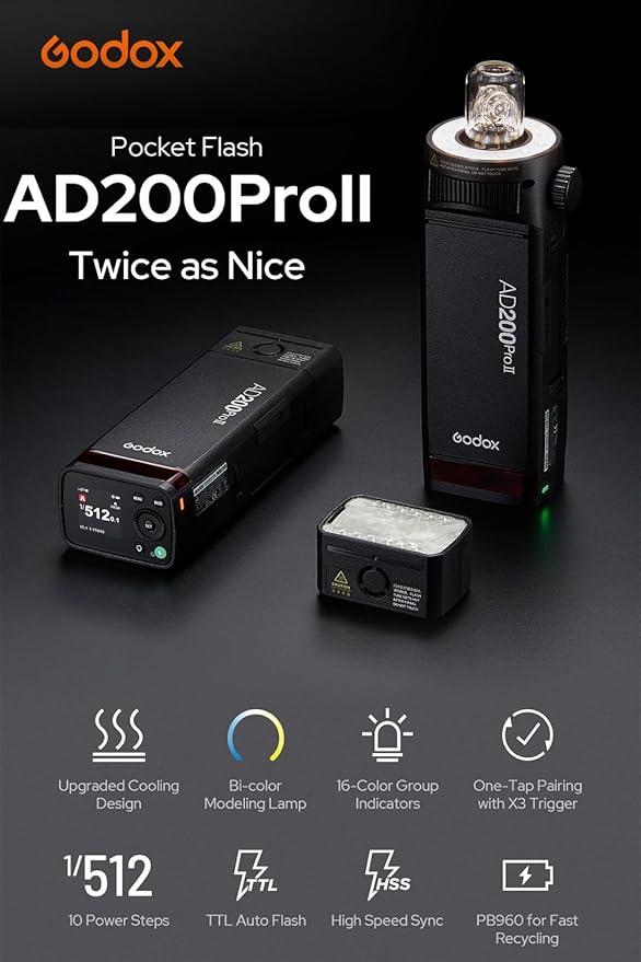 Godox AD200 Pro II TTL HSS Pocket Flash Strobe Kit, 2.4G 200Ws 500 Full Power Flashes, 0.01~1.8s Recycle Time, 2980mAh Battery, Upgrade Bare Bulb & Speedlite Fresnel Flash Head