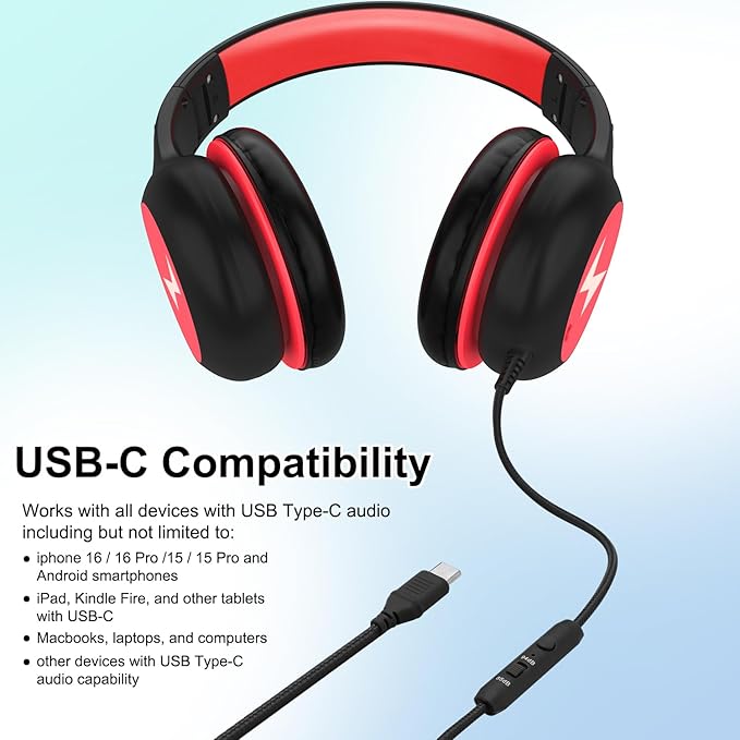 Kids Headphones Wired with Microphone, USB Type C Headphones for Kids Girls Boys with Cord/LED Lights/85/94dB Volume Limit, Portable Over Ear Headphones for School/Travel/Tablet/iPad
