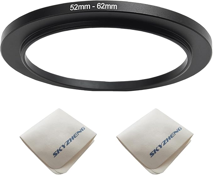 52mm Lens to 62mm Camera Lens Adapter 52mm to 62mm Step Up Ring Adapter Ring for All Brands of UV ND CPL, with Premium Lens Wiping Cloth 2 Pack (52mm-62mm)
