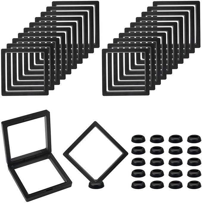 Black 3D Floating Frame , 3.5 x 3.5 x 0.8 inch Coin Display Case with Base , 3D Floating Jewelry Frame Display Holder Stands for Challenge Coins AA Medallions Specimen Jewelry (20 Pack)