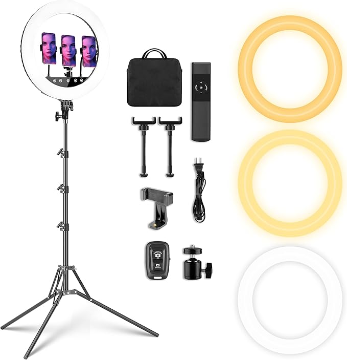 18" Professional LED Ring Light Kit with Tripod,CRI≥95, 3000K-6000K Adjustable Brightness & Color Temp, Includes Phone Holder & Remote for Live Streaming, YouTube, TikTok, Photography, Makeup