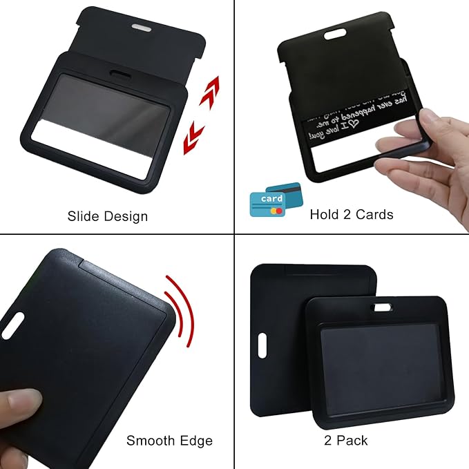 Larpur 2 Pack Horizontal ID Badge Holders Hard Plastic Card Cases with Clear ID Window for School, Office, Factory, Black