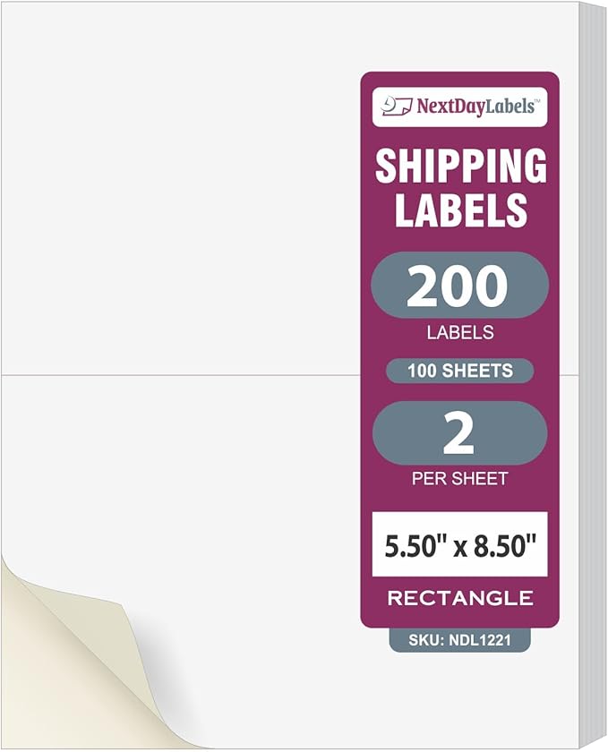 NextDayLabels Half Sheet Shipping Labels 5.5" x 8.5" – Printable Blank Labels for Laser & Inkjet Printers, White Self-Adhesive Stickers, 2 Per Page for Ship, FBA, UPS & FedEx, Made in USA, 100 Pack