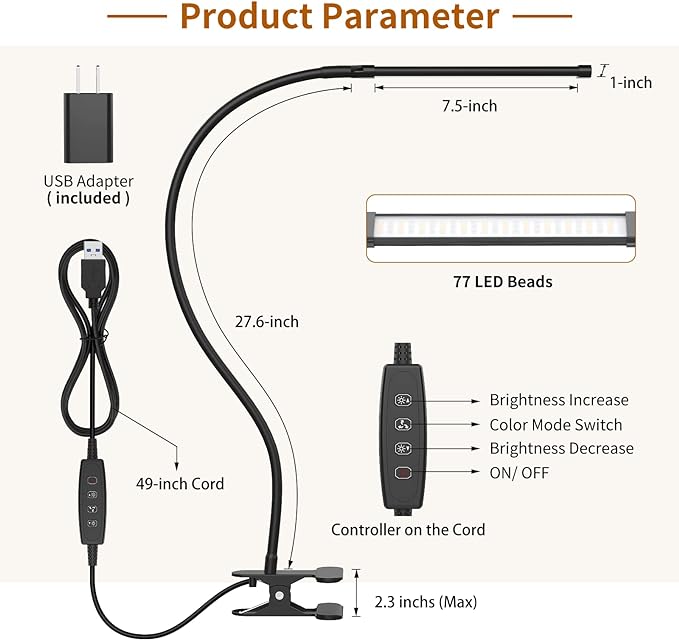iZELL LED Desk Lamp for Home Office with Clamp [77 LEDs Light 3 Color Modes & 10 Brightness Levels] Flexible Gooseneck Book Lights, Easy Clip on Reading Headboard