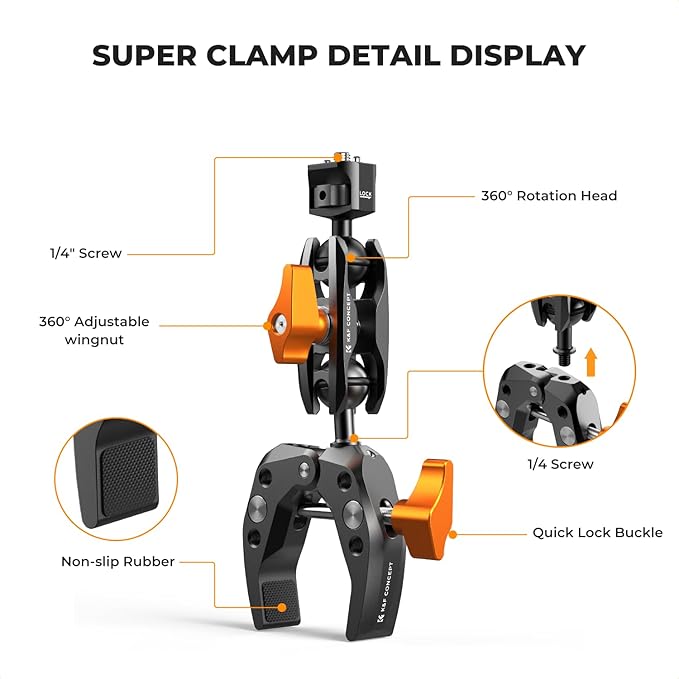 K&F Concept Magic Arm with Super Clamp with Two 360° Ball Heads, 1/4" Screw + Dual Ball Heads Magic Arm Compatible with Camera, Phone, GoPro, Tripod