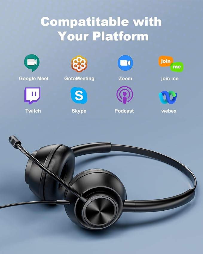 USB Headset with Microphone for PC, Computer Headset with Mic, Wired Headset with USB-A & Type-C, Mute, In-Line Controls Call Center Headphone for Work PC Laptop Office Phone Meeting Zoom Skype