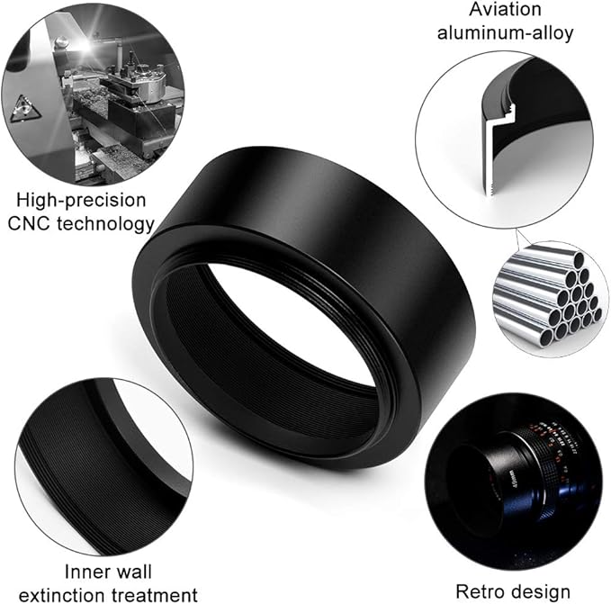 46mm Metal Standard Screw-in Standard Lens Hood Sunshade with Centre Pinch Lens Cap for Canon Nikon Sony Pentax Olympus Fuji Sumsung Leica Camera +Cleaning Cloth