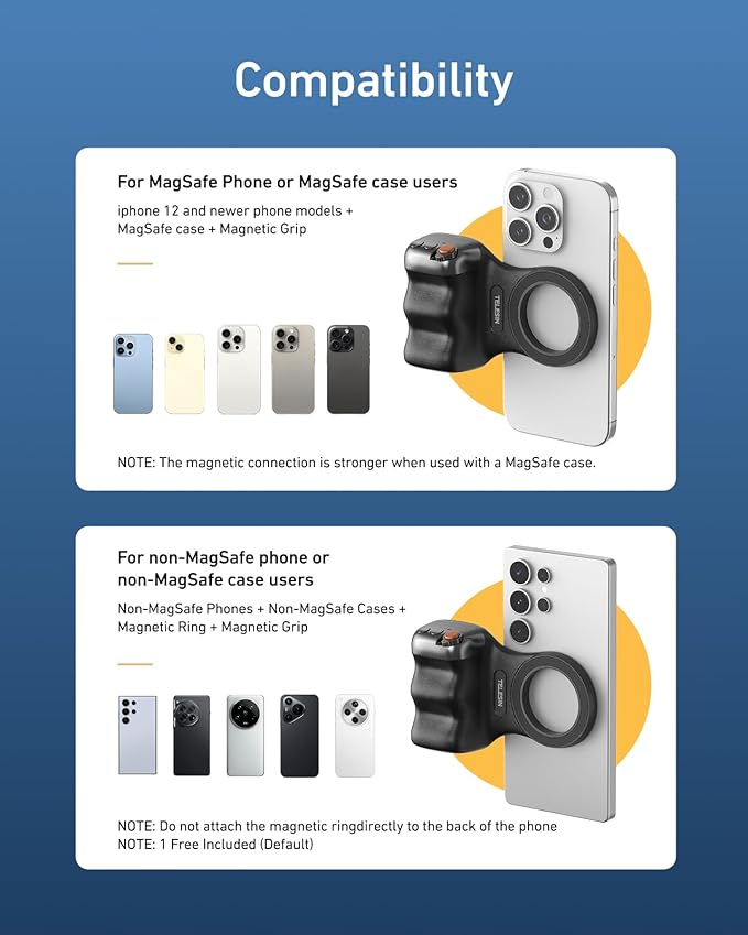 TELESIN Fun Shot Magnetic Phone Camera DSLR Style Shutter Grip for Magsafe iPhone & Android with Detachable Wireless Shutter Button - Official Grip -Comfort Ergonomic Phone Grip Handle Holder(B)