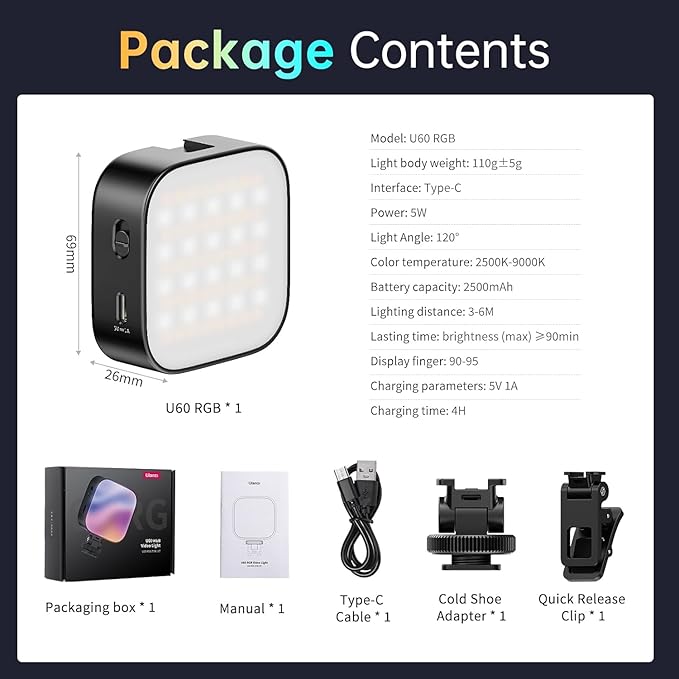Ulanzi U60 RGB Video Light, Portable LED Camera Light with 360° Color CRI≥95 2500-9000K Dimmable Panel Lamp,2500mAh LED Panel Photography Lighting w Quick Release Cold Shoe Adapter and Clip-Black