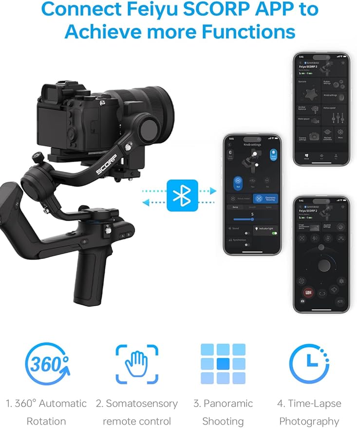 FeiyuTech Official SCORP 2 Gimbal Stabilizer for Camera,3-Axis Gimbal Stabilizer for Canon/Sony/Panasonic/Nikon/Fujifilm,5.51lb Payload,Built-in AI Tracking Module,Bluetooth/Cable Control