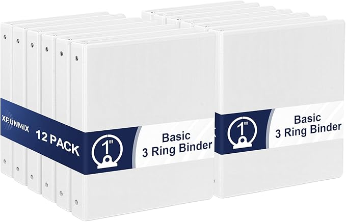 1-Inch 3-Ring-Binder with Pockets - Bundle 12 Packs, 1'' Round Binders Holds 200 Sheets US Letter Size 8.5'' x 11'' - White Binders for Home, Office, and Back to School (1'' - 12 Packs)
