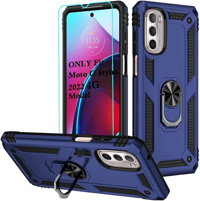 Androgate Compatible with Motorola Moto G Stylus 2022 4G Case with HD Screen Protector, Military-Grade Metal Ring Kickstand 15ft Drop Tested Shockproof Cover Case for Moto G Stylus 4G 2022, Blue