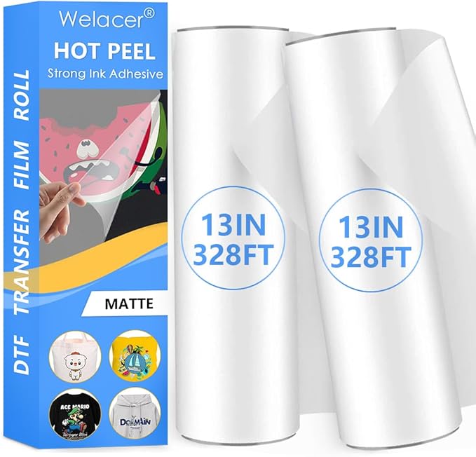 Welacer DTF Transfer Film Roll 13 Inch x 328 FT for Sublimation Double-Side Matte Clear Pretreat Sheets, PET Heat Transfer Paper for Inkjet Printer Direct Print on T Shirts Textile (2-Pack)