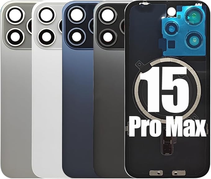 1Pcs/Lot Battery Cover Glass for iPhone 15 Pro Max Back Housing Replacement with Small Parts Metal Plate Magnetic for iPhone 15PM 2in1 Big Hole Back Glass Rear Door Case (White)