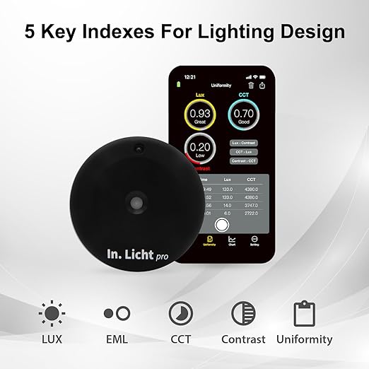 In. Licht Pro Handheld EML Light Meter Sensor Lumens Lux Color Temperature CCT Contrast Uniformity Measurement for Architecture Interior Lighting Design Well Healthy Building Standard V2 Compliance