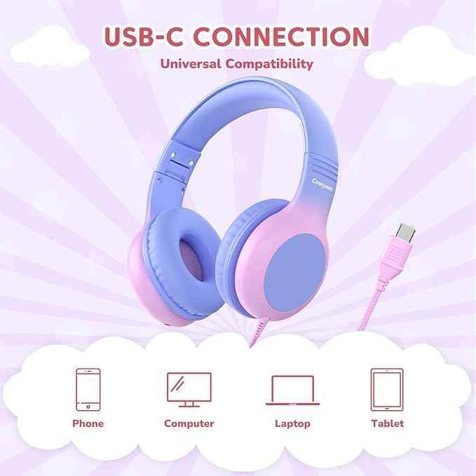 USB C Headphones Wired, Kids Headphones for School, Over Ear USB C Wired Headphone with Microphone, 85/94dB Volume Limit, USB Type C Headphone for Boys/Girls/School/Travel, Purple Gradient