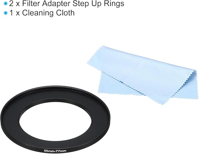 PATIKIL 55mm-77mm Metal Step Up Ring with Cleaning Cloth, 2 Pack Camera Lens Filter Adapter Ring Aluminum Filter Adapter Ring for Camera Lenses Hood, Black