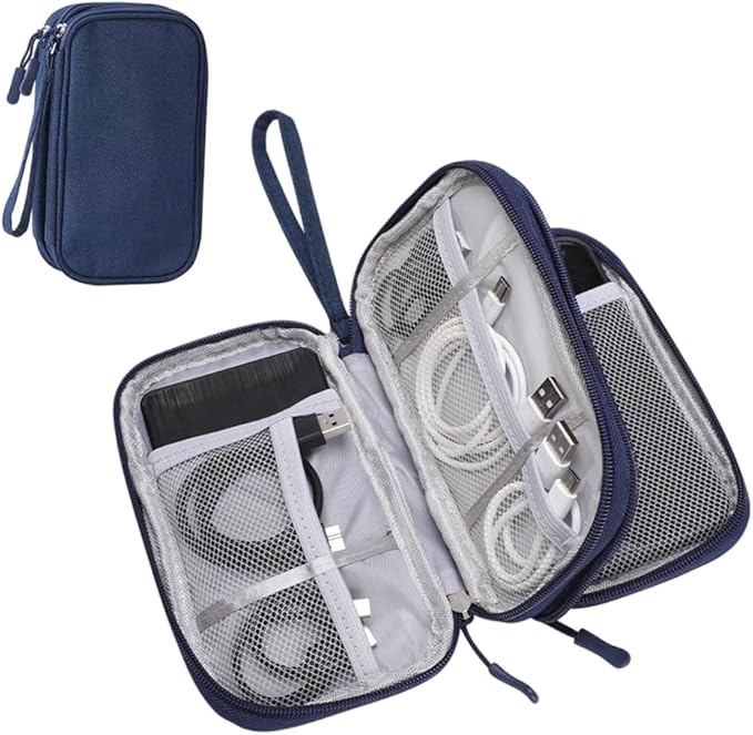 Cord Organizer Travel,Electronic Data Cable Organizer Pouch Black,Tech Accessories Compact Storage Bag for Earphone Case,Charger,AirPods,HDMI,Travel Essentials for Men Women (Navy Blue)