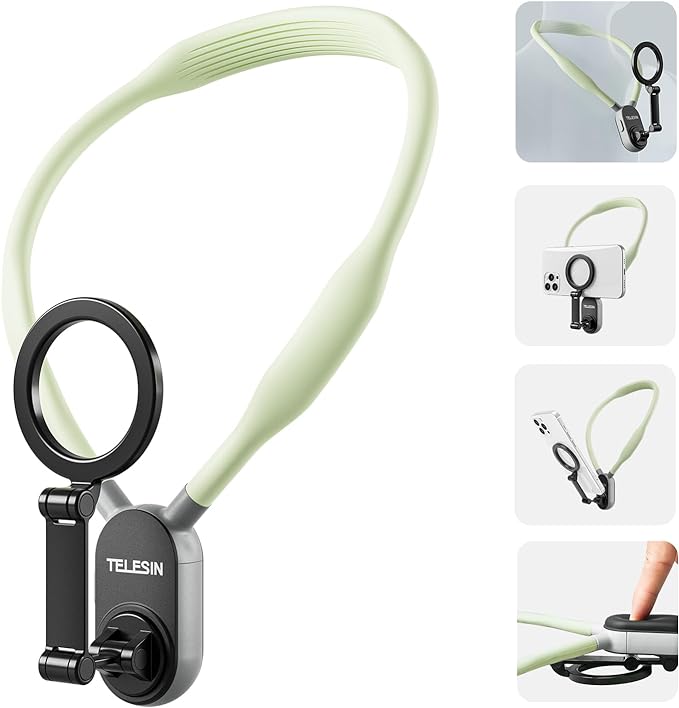 TELESIN Magnetic Neck Mount for Phones, Cell Phone Holder Stand Hanging on Neck POV/Vlog Selfie Hand Free Necklace Phone Strap Video Recording for iPhone 16 15 14 13 12 Seires Android Phones (Green)