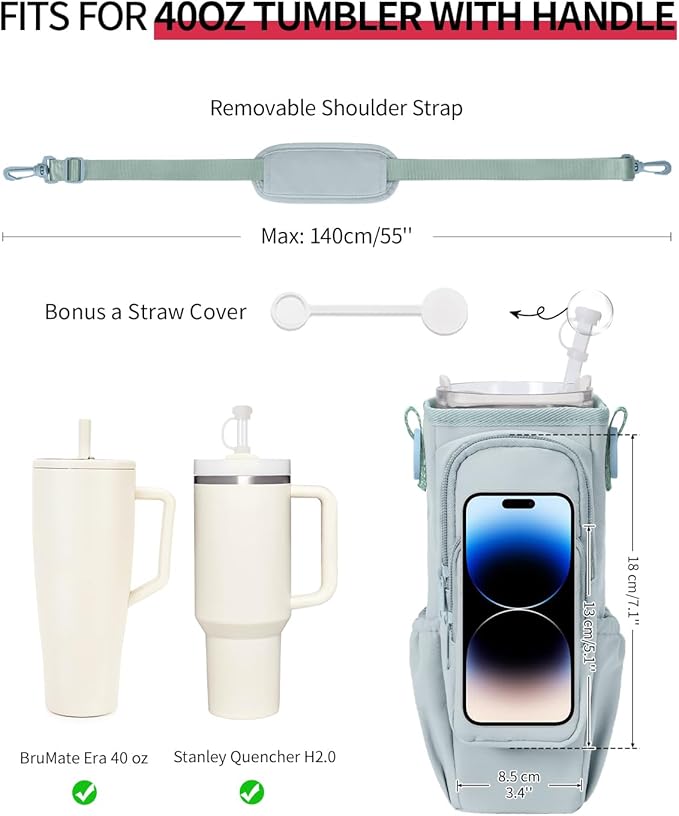 sportsnew Birthday Gifts for Women Personalized Initial Water Bottle Holder with Strap fits most 40oz Tumbler with Handle Water Bottle Carrier Bag with Phone Pocket & Straw Topper Tumbler Accessories