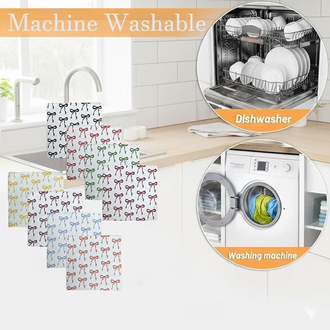 8-Pack Ultra-Fine Microfiber Kitchen Towels, 7-Inch Square with 8 Clips & Multiple Patterns – Soft, Absorbent, Reusable Cleaning Cloths (Bows)
