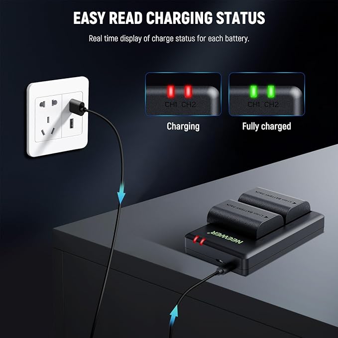 NEEWER Replacement Battery and Charger Set for LP-E6P/LP-E6NH/LP-E6N, 2 Pack 2200mAh Batteries and Dual Channel USB Charger, Compatible with Canon EOS R5II/R5/R6/R7/5DIV/6D/7D/60D/70D/80D/90D