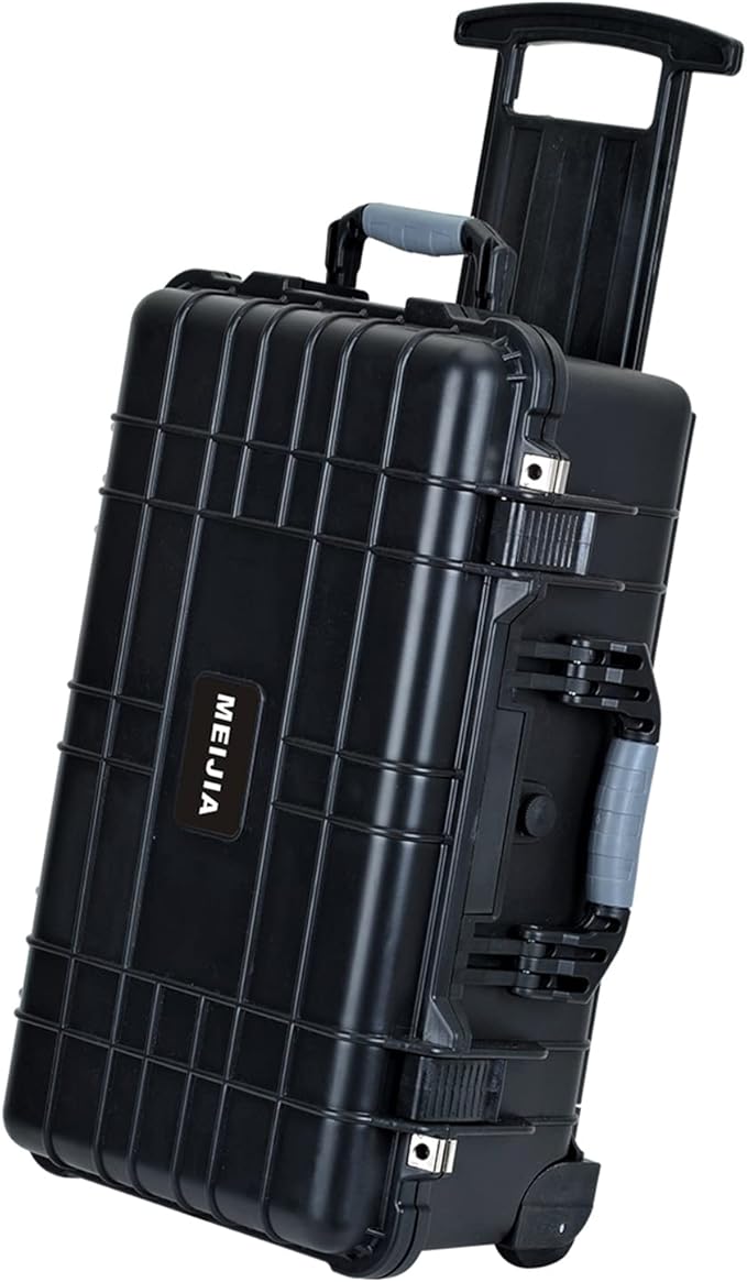 MEIJIA All Weather Rolling Waterproof Protective Case, Hard Camera Case,Dry Case with Retractable Pull Handle and Wheels,Foam Inserted, Elegant Black,22 x13.81x9inches