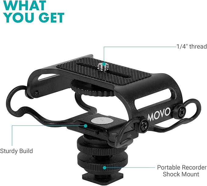 Movo SMM5-B Universal Microphone and Portable Recorder Shock Mount - Fits the Zoom H1n, H2n, H4n, H5, H6, Tascam DR-40x, DR-05x, DR-07x and others with a 1/4" Mounting Screw (Black)