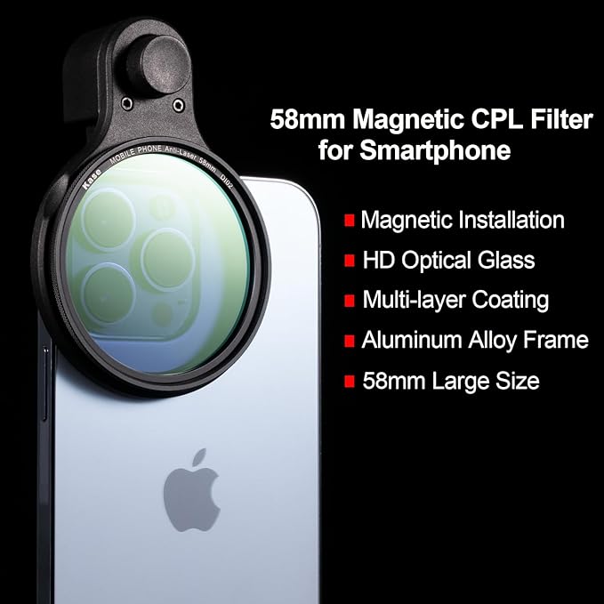 Kase Clip-on CPL Filter for iPhone, 58mm Magnetic Phone Camera Lens Circular Polarizer Filter Compatible with iPhone 16 15 14 Pro Max 13 12 11 Samsung Xiaomi