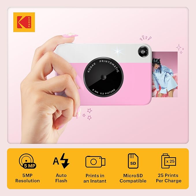 Kodak Printomatic Full-Color Instant Print Digital Camera - 75 Sheets Bundle - Prints On Zink 2x3 Sticky-Back Photo Paper - 5MP, Portable, Creative Fun Gift for Birthday, Christmas, Holiday - Pink