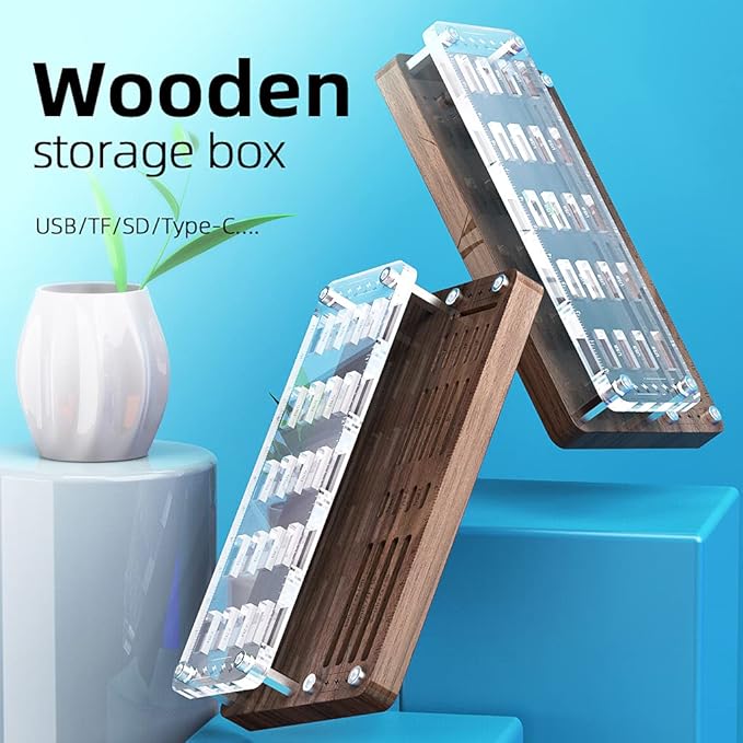 Wooden Memory Card Case for TF, SD, Micro SD Cards and USB Drives - Desk Holder and Carrying Case - AJSNH03MY