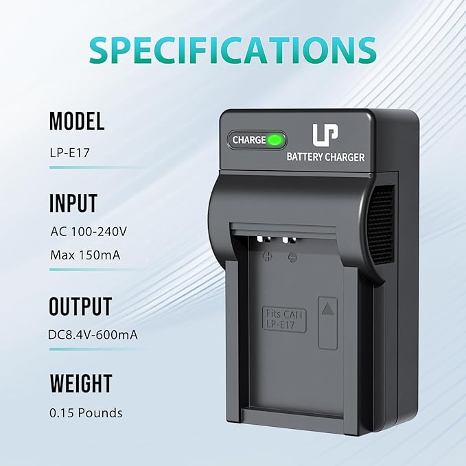 LP LP-E17 Battery Charger, Charger Compatible with Canon EOS Rebel T7i, T6i, T6s, SL3, SL2, 77D, 9000D, 8000D, 800D, 760D, 750D, 200D, M6, M5, M3, Kiss X8i DSLR Cameras & More(NOT for T7, T6, T5, T3)